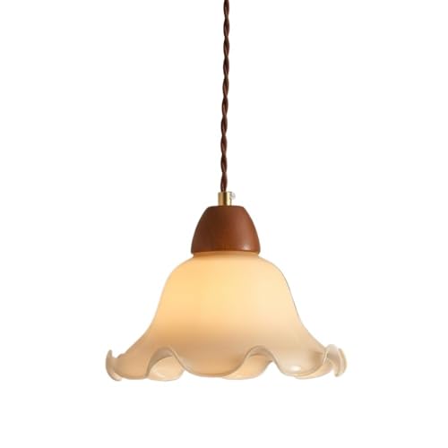 NJGGC Glass Pendant Light 8.66", Wood Hanging Chandelier, Wavy Shade