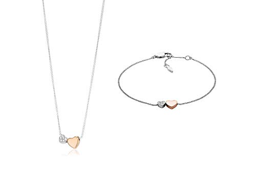 Fossil Women's Duo Hearts Two-Tone Stainless Steel Necklace Women's Bracelet JF03095998