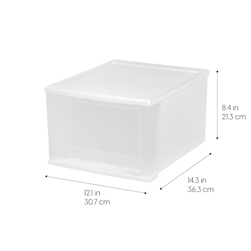 IRIS USA 17 Qt. Plastic Drawer Storage Organizer Stacking Drawers, 4-Pack, Stackable Unit with Sliding Drawer for Clothes Bedroom Kitchen Under Sink Pantry Craft Room Bathroom Dorm Office, White