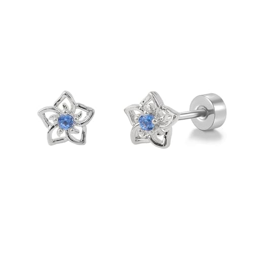 20g Hollow Blue CZ Flower Screw Flat Back Small Stud Earrings for Women Stainless Steel Cute Floral Cherry Cubic Zirconia Crystal Cartilage Tragus Piercing Little Studs Hypoallergenic Fashion Jewelry for Daughter Xmas