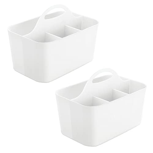 mDesign Small Plastic Shower/Bath Storage Organizer Caddy Tote with Handle - Dorm, Shelf, Cabinet - Soap, Shampoo, Conditioner, Combs, Brushes, Lumiere Collection, 2 Pack, White