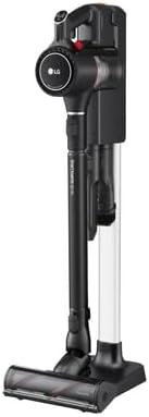 LG CordZero A9K PRO1B stick vacuum cleaner standing upright on its charging stand.