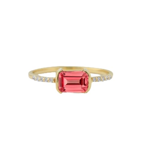Padparadscha Sapphire Ring, Emerald Cut Stone Statement Jewelry, 14K Solid Gold Engagement Ring, Diamond Promise Ring Gift for Her