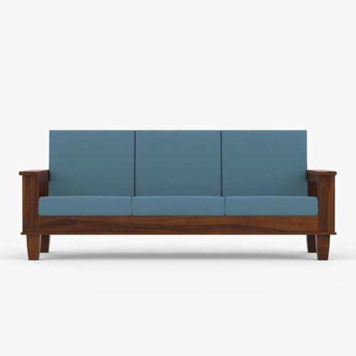 Image of Nexo Solid Sheesham Wood Sofa Set for Living Room 3 Seater Sofa Set for Home Furniture (Teak Finish with Blue Cushions)