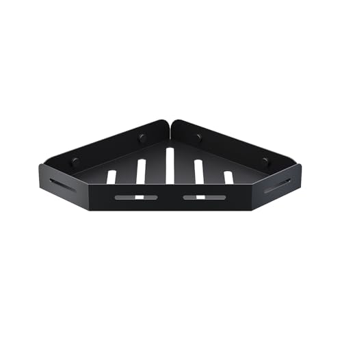 SANYROI Mensola da doccia angolare in acciaio inox mensola da bagno senza foratura, organizzatore da doccia a parete, nero opaco, servitore da doccia triangolo con fori di drenaggio