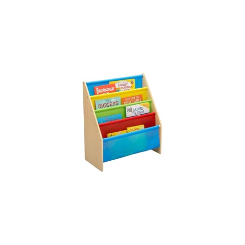 Image of Delta Children Sling Book Rack Bookshelf, 4-Tier Wooden Shelf with Soft Fabric Pockets, Ideal for Playroom, Living Room, Basement, or Bedroom