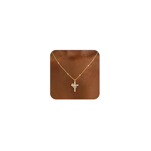 CHESKY Crown Cross Necklace for Women- Dainty 14K Gold Plated Cross Pendant Necklaces Simple Cute Necklaces for Women Trendy Jewelry Gifts