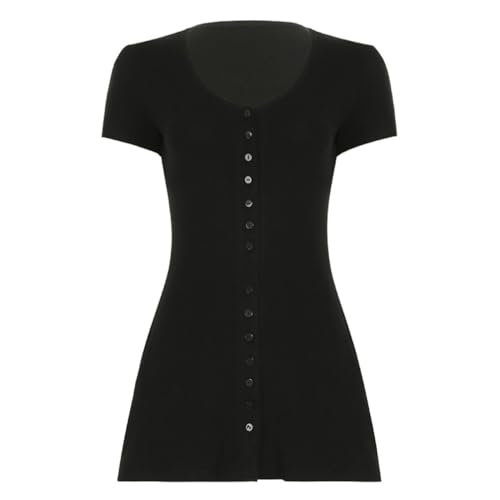 Women Elegant Button Down A-Line Knit Mini Dress V Neck Short Sleeve Solid Fit Flare Ribbed Knit Short Dress4