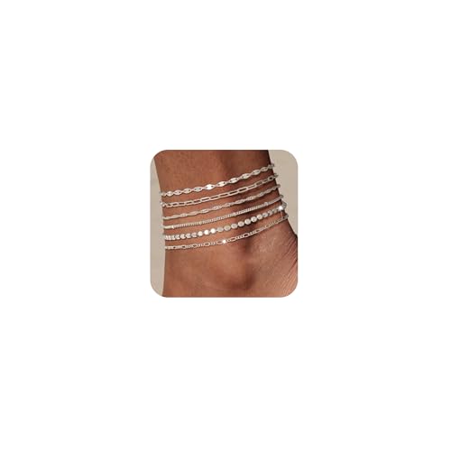 Image of Tewiky Waterproof Ankle Bracelets for Women, 14K Real Gold Plated Anklets for Women 6PCS Anklet Set Dainty Summer Beach Jewelry