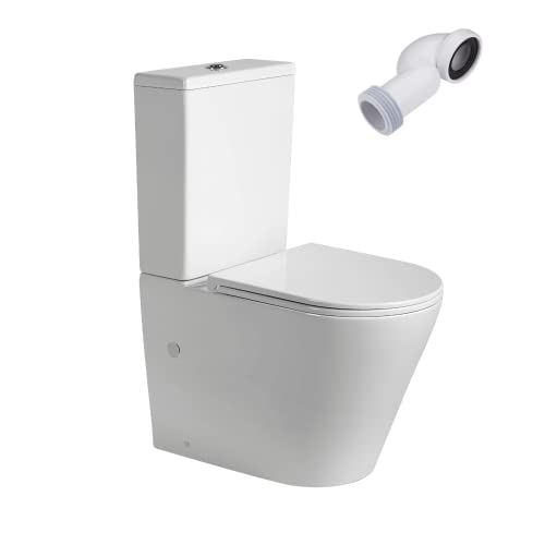 Wc Inodoro Completo Redondo | Inodoro Tanque Bajo con Cisterna y Asiento Extrafino | Adosado a Pared con Salida Dual y Sistema Rimless