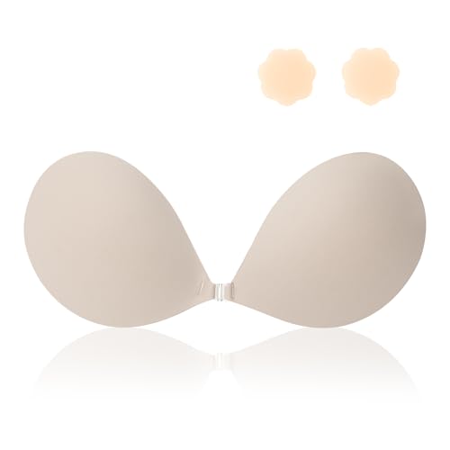 Image of LAZYROSY Sticky Bra Push Up Backless Bras Strapless Stick on Bra Invisible Adhesive Bra with Nipple Covers for Women (Nude, C)
