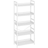 Rolanstar Bookshelf 5 Tier with 4 Hooks, Industrial Wood Bookcase, Vintage Storage Rack with Open Shelves, Rustic Standing Bookshelves Metal Frame Display Rack for Living Room, Bedroom, White