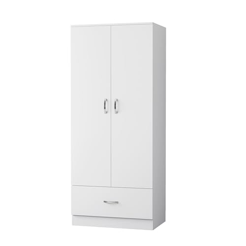 Nera 2 Door Wardrobe with Drawer 76cm Wide Bedroom Furniture with Hanging Rail and Storage Shelf Storage Cabinet (1 Drawer Matt White)