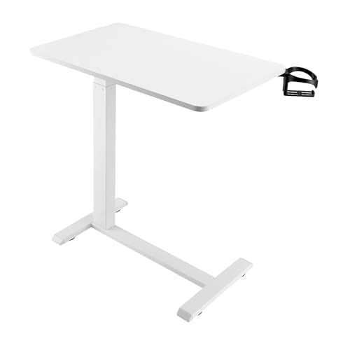 Happybuy Overbed Table: A White Wonder! Features 4 Hidden Wheels, Hydraulic Height Adjustment, and a Cup Holder. Made of Particleboard—Your Ideal Companion for Home, Office, and Study!