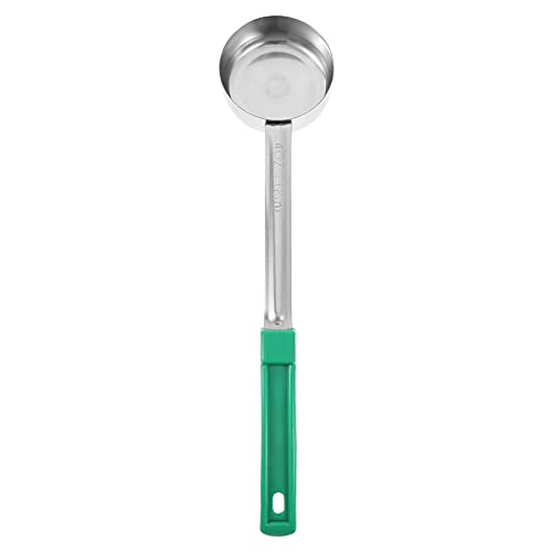 Long Handle Portion Control Serving Spoon with Pour Spout, Stainless Steel and Plastic, 4 Oz, Green, Ideal for Home, Restaurant, and Buffet Use