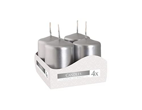 Candele votive candele a colonna candele dell'avvento argento metallico, diametro 4 cm, altezza 6 cm, inodore, tempo di combustione lungo 7h, set 4 pezzi (1 scatola)