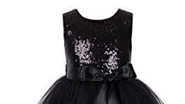 Image of Baby Girl's Round Neck Floor-Length Anarkali Net Satin Evening Dress with Black Sequins Kids Birthday Gown