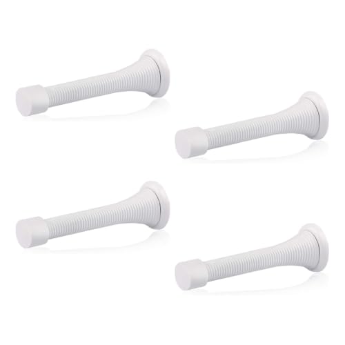 HOMOTEK 4 Pack Spring Door Stops,3-1/8” Heavy Duty Door Stop - Flexible Spring Door Stopper with Low Mounted White Rubber Bumper Tips, White