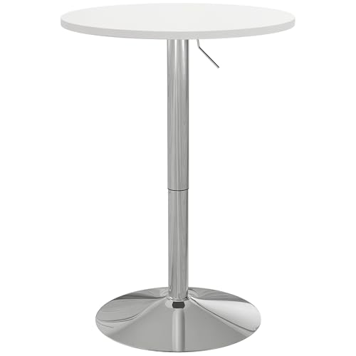 HOMCOM Tavolo da bar rotondo, tavolo alto da cucina, mangia in piedi regolabile in altezza 69-91 cm, con piano girevole a 360°, base in acciaio bianco e argento