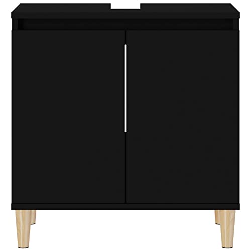 vidaXL Enginereed Wood Black Sink Cabinet - Bathroom Vaity Storage Unit - Under Sink Organizer with Solid Eucalyptus Wood Feet - 58x33x60cm - Image 6