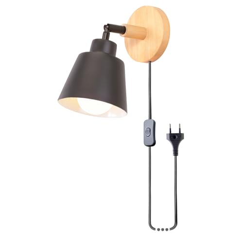iDEGU Moderna Aplique de Pared Interior con Interruptor y Enchufe, Lámpara de Pared Vintage en Madera y Metal Simple Iluminación E27 Ajustable Luz de Pared para Dormitorio Salón (Negro)