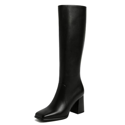 Modatope Black Knee High Chunky Heel Boots Square Toe Tall Boots for Women Block Heel Side zipper Fall Boots Women Size 8