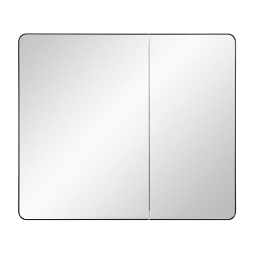Image of IDYLLOR Black Bathroom Mirror Medicine Cabinet with Round Corner Framed Door 30 x 25.6 inch, Recessed or Surface Mount, with Adjustable Glass Shelves