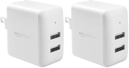 Image of Amazon Basics 24W Dual Port USB-A Wall Charger, Fast Portable (12W, 2.4A per Port), Multiple Device Compatible for Phones (iPhone 16 /15 /14 /13 /12 /11 /X, Samsung, and More), Non-PPS, White (Pack of 2)