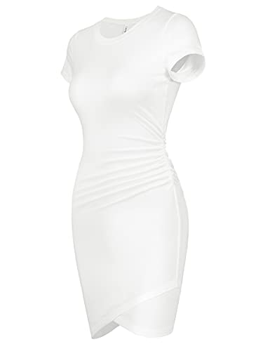 Laughido Tshirt Ruched Bodycon Mini Dress Women's Short Sleeve Casual Fitted Wrap Sundress (White, Small) #TOP21