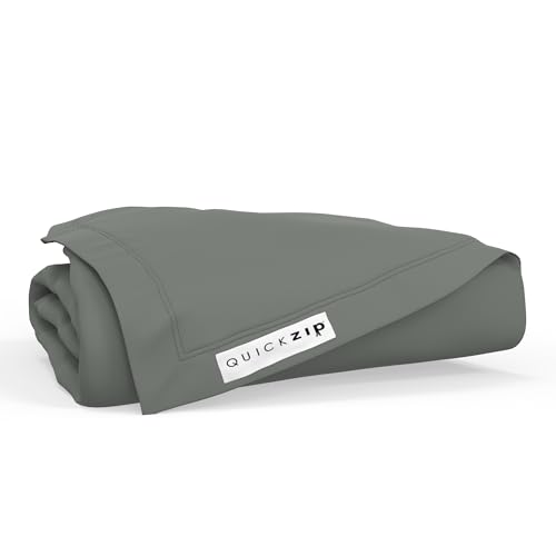 Image of QuickZip Fitted Plus Spare Bundle: 1 Fitted Sheet (Base + Zip Sheet) & 1 Zip Sheet - Easy to Change, Won't Pop Off - Soft Sateen 400 TC 100% Cotton - 15 inch Deep Pockets RV King Size - Slate Gray