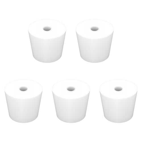 Labasics - Labasics 5-Pack 7# Single-Hole Silicone Stoppers, White Tapered Lab Seal Stoppers with 8mm (0.31") Hole, Durable and Reusable Silicone Plugs for Laboratory Glassware, Airtight Sealing, and Experiments
