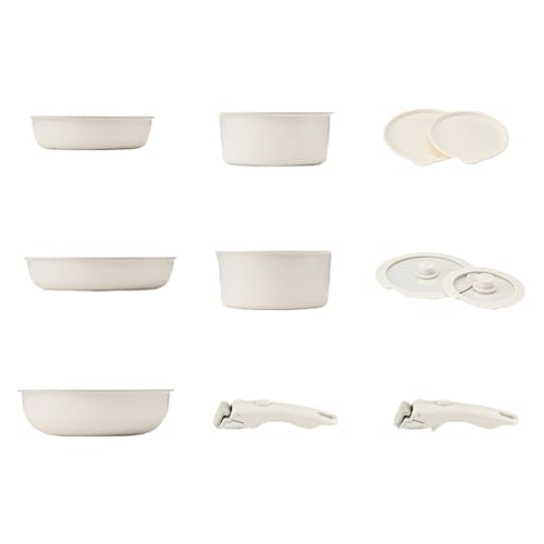 Vlfn 取っ手が取れる鍋 フライパン セット 11点/15点セット IH対応 6層ダイヤモンドコート 焦げ付かないフライパン オーブン可能 コンパクト収納 調理器具 セット ガスコンロ/電磁調理器 一人暮らし ファミリー (取り外し可能11点セット-ホワ