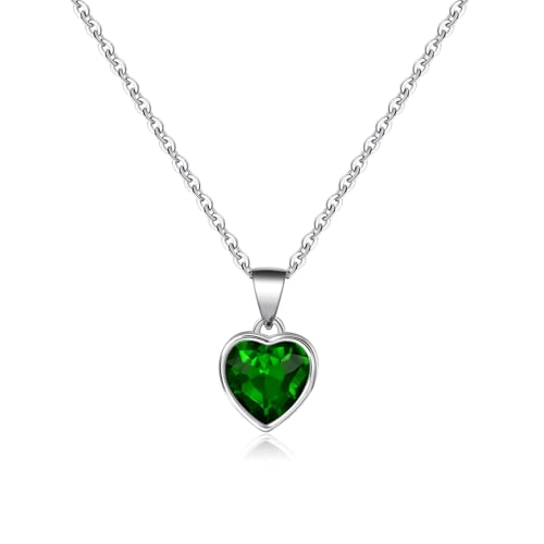 Heart Pendant Necklace for Women, Green Emerald Crystal, Silver Plated Chain, May Birthstone