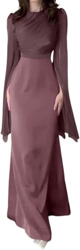 Goolecrimp Mujeres Elegante Larga Novia Vestidos Banquete Prom Vestidos Color Sólido Splicing Swing Manga Cuello Redondo Delgado Satén Vestidos Largos (Rojo,m)