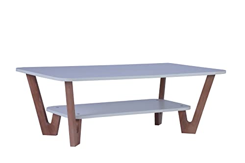 Image of Wooden Coffee Table with Solid Wood Legs, Engineered Wood Center Table for Living Room, Frosty White Finish