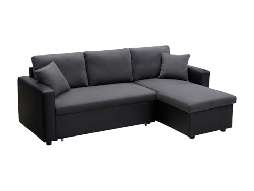 Vente-unique - Canapé d'angle Convertible et réversible en Tissu Anthracite et Noir GAZUR II