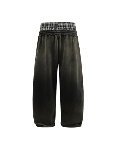 Aelfric Eden Double Waist Washed Baggy Sweatpants Loose Wide Leg Plaid Patchwork Casual Pants with Pockets4