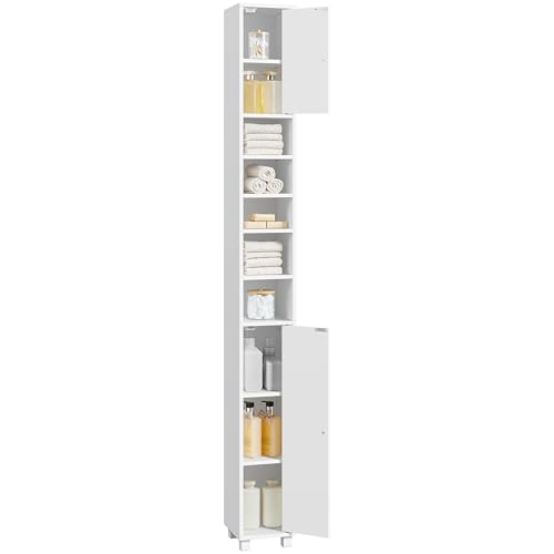 Yaheetech Mueble Columna de Baño Estrecho, Estanterías con 2 Puertas, Estantes Ajustables Espacio Abierto, Mueble Auxiliar de Almacenaje para Salón Dormitorio, 20x20x180cm, Blanco