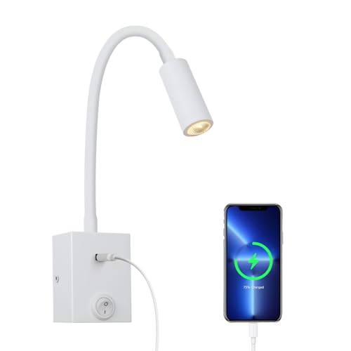 ERWEY Lampe de Lecture LED Murale, Applique 3W Avec col de Cygne Flexible à 360° et Port USB pour Chambre à Coucher, éclairage Blanc Chaud 3000K, Blanc