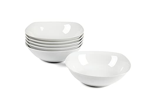 New Century Ceramic Salad Bowls White Square Fruit Cereal bowl sets of 6 Serving Mixing Bowls for fruits,Pasta,Microwave & Dishwasher Safe (White, 7INCH)