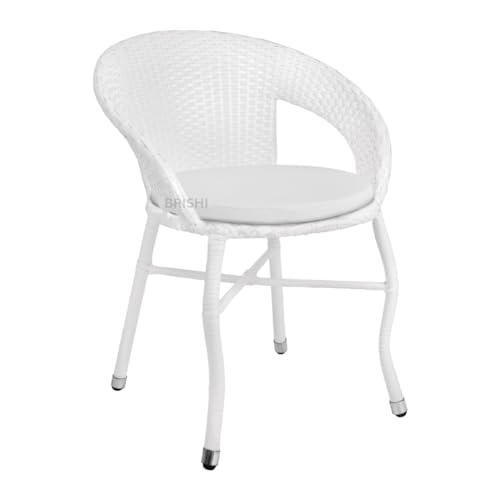 Image of BRISHI 3-Piece Outdoor Rattan Wicker Patio Coffee Table Set with White Cushion | Garden Furniture for Balcony, Terrace, Poolside & Porch | Waterproof Bistro Sets for Home & Backyard (White)
