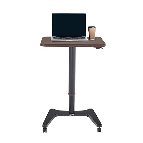 YILIFT Mobile Sit-Stand Desk, Pneumatic Height Adjustable Rolling Desk, Small, Walnut, 9610004