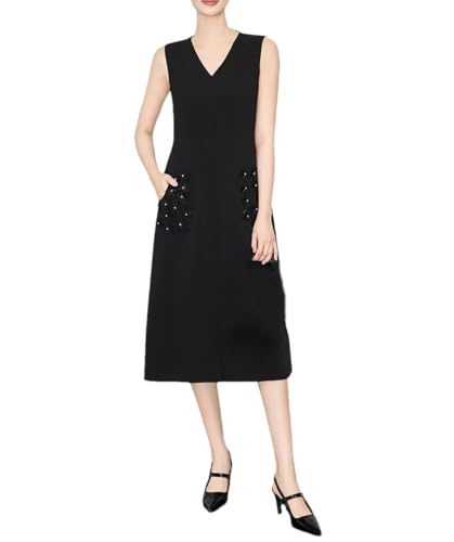 Woman Sleeveless Loose Dresses V Neck Beaded Pocket Office Dress