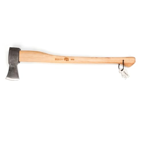 Bison Spaltaxt 1879 2200g I Hochwertige Axt 800mm lang I Bruchstabiler Stil aus amerik. Hickoryholz I 3-Fach Sicherheitsverkeilung & Schneidschutz aus Echtleder