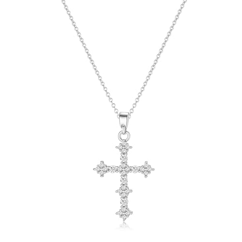 Solistra Cross Necklace for Women, Silver Plated Cubic Zirconia Cross Faith Pendant Necklace, Trendy Christian Gifts for Women