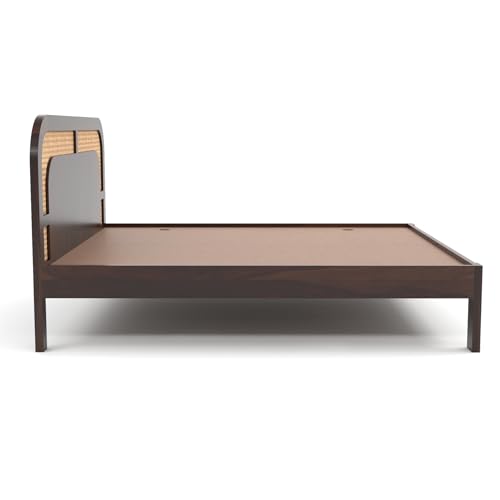 Image of Sheesham Wood Cane Bed Without Storage for Bedroom | King Size Wooden Double Bed Palang with Curved Rattan Headboard (Walnut Finish)