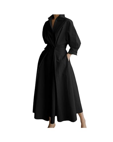 FRESQA S-5XL de Moda Coreana para Mujer, Vestido Camisero de Manga Larga, Vestido Largo Elegante con Cuello Vuelto, Ropa de Calle de otoño e Invierno