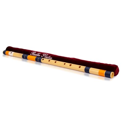 Image of Radhe Flutes | E Natural Right Handed Base Bansuri | Tuned With Tanpura A=440Hz | PVC Flute + Velvet Cover + Hindi & English Flute Lessons | PERENT (Beige Flute With Dark Blue & Orange Threads)