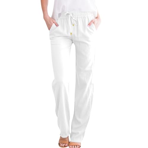 midelxp Cotton Linen Pants Women Summer Lightweight Drawstring Waist Lounge Pants Straight Leg Slim Fit Comfy Work Trousers