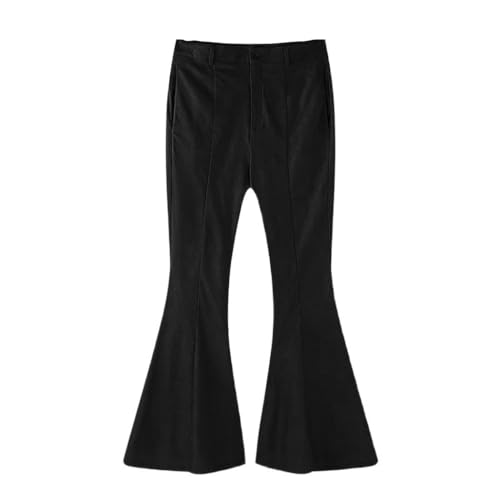 Mens Solid Color High Waist Flare Pants Casual Streetwear Stretch Straight Trousers with Button